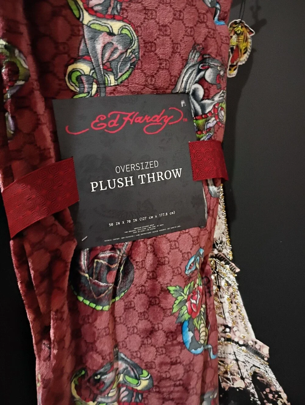 Ed Hardy Burgundy Plush Throw with Multicolor Tattoo Motif